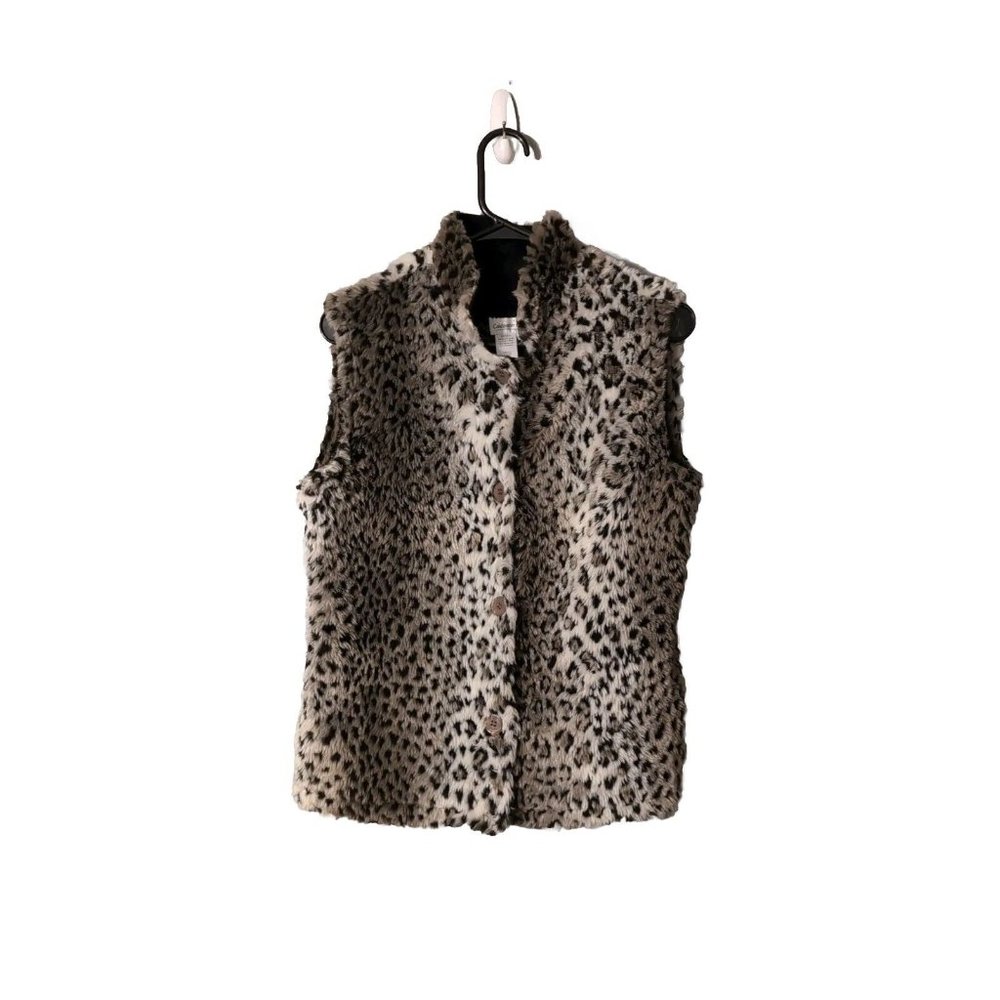 Coldwater Creek Snow Leopard Faux Fur Button Up Vest Women's Size M